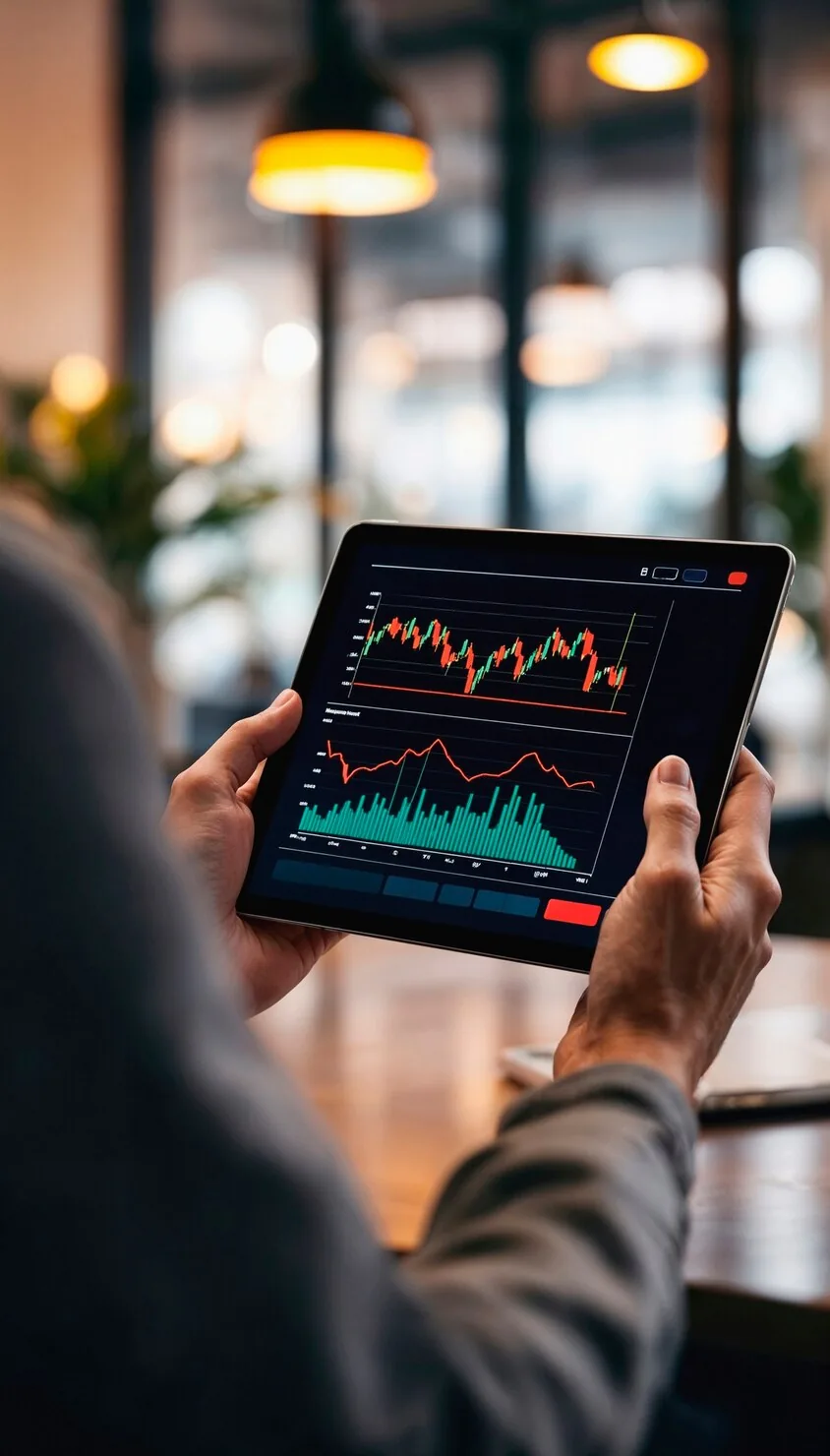 A trader reading a candlestick chart on a tablet