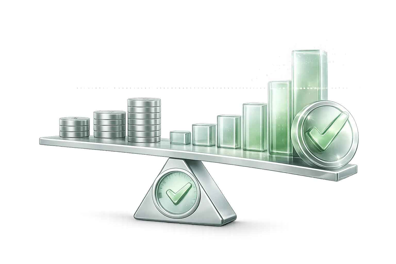A balance scale tipping toward a green checkmark, illustrating an approved payout