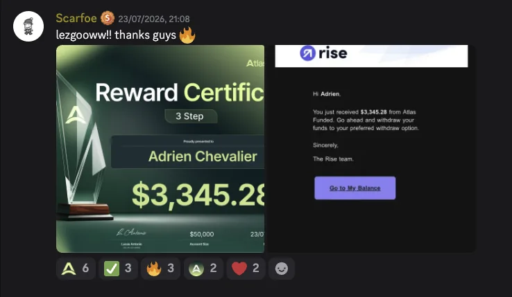Discord message: Adrien's Atlas Funded reward certificate for $3,345.28 on a $50,000 account, beside the Rise payment confirmation