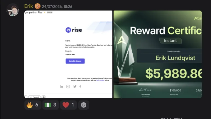 Discord message: Erik's Atlas Funded reward certificate for $5,989.86 on a $100,000 Instant account, beside the Rise payment confirmation