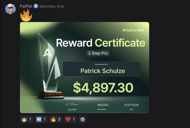 Discord message: Patrick's Atlas Funded reward certificate for $4,897.30 on a $50,000 2 Step Pro account