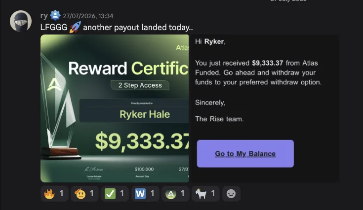 Discord message: Ryker's Atlas Funded reward certificate for $9,333.37 on a $100,000 account, beside the Rise payment confirmation